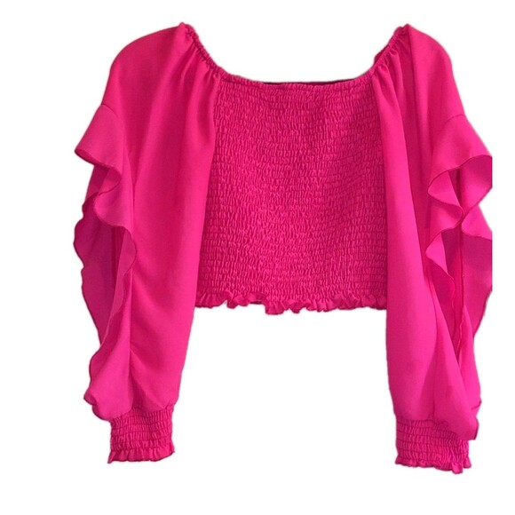 Maria Jose Tops - MARIA JOSÉ Hot Pink Smocked Ruffle Sleeve Off-The-Shoulder Crop Top M/G